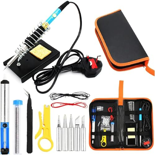 SUNNYNEST 15 Pcs Soldering Iron Kit 60W Adjustable Temperature 200-450°C On/Off Soldering Iron with 5 Soldering Head Desoldering Pump Soldering Wire Stripper Bracket Kit