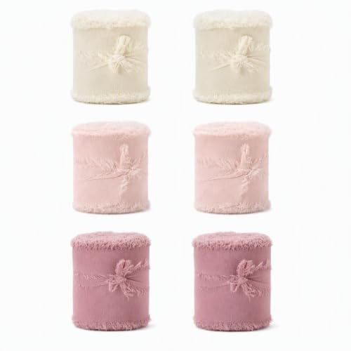 6 Rollen Chiffonband 4mm x 5m (30m), Creme Weiß, Hellrosa & Altrosa | Feines Chiffon Band für Geschenkverpackung, Hochzeit, Blumensträuße und DIY. Reißfest und leicht zu binden.