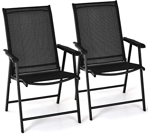 GIANTEX 2er Set Klappstuhl, Hochlehner Gartenstuhl klappbar, Balkonstuhl Terrassenstuhl aus Metall, Garten Essstuhl mit Armlehnen & Rückenlehne, Campingstuhl wetterfest, bis 110 kg belastbar (Schwarz)