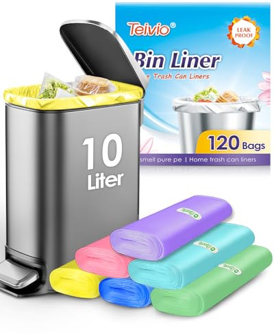 Teivio 10 Liter Small Pedal Bin Liners, 120 Counts, Strong Plastic Trash Bags, Waste Bags for home office kitchen, Multicolor