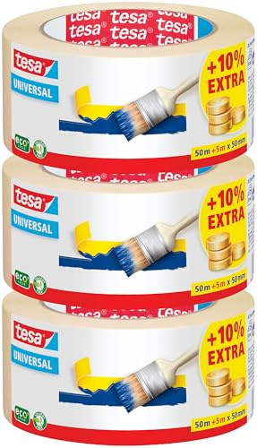 tesa Malerband ECONOMY - Vielseitiges Klebeband für Malerarbeiten ohne Lösungsmittel - Bis zu 4 Tage nach Gebrauch rückstandslos entfernbar, 50 m x 50 mm (50m:50mm | 3 Rollen)