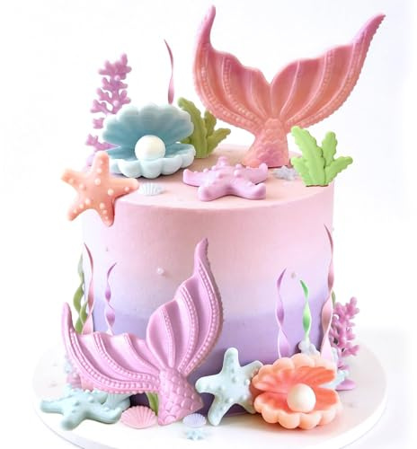 Meerjungfrau Tortendeko Set 21 Stück, Unterwasserwelt Kuchendeko Geburtstag, Meerjungfrau Kuchen Deko mit Schwanz, Muscheln & Seesternen, Geeignet für die Dekoration von Geburtstagsfeiern (rosa-lila)