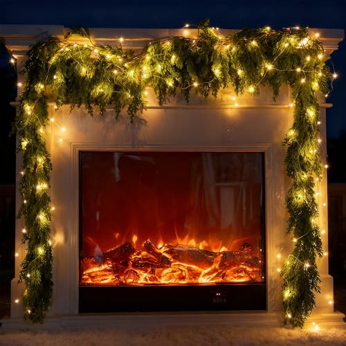 6FT/1.85M Artificial Christmas Wreath with LED Light String, Pine and cypress wreath, Green Thick Pine and Cypress Wreath, 8 Modes of LED Lights, Outdoor and Indoor Christmas Decorations