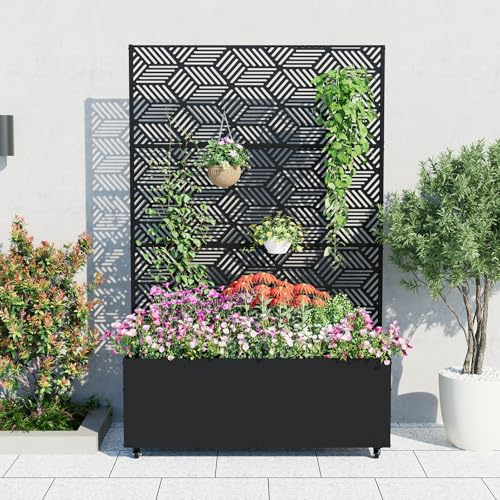 GarveeLife Metal Planter Box with Trellis and Wheels, 71x47x16 Raised Garden Bed for Climbing Plants, Vegetables, Vines, Privacy Planters for Patio with Drainage Holes, 15.7 Deep Planting Bed