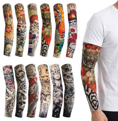Qwrqwr 12 Pieces Tattoo Sleeves for Men Fake Tatoos Arm Sleeve Elastic Hip Hop Sun Block for Men Women (B)
