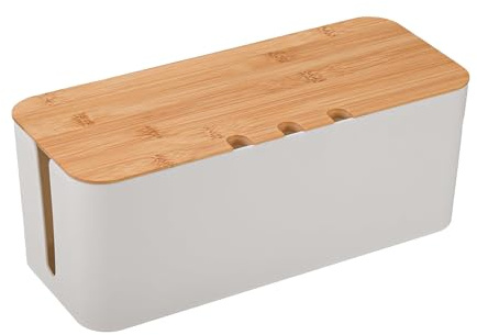 Boîte de Gestion des Câbles 30 x 10,8 x 10,8 cm, Boîte de Rangement de Câbles avec Couvercle en Bois, pour Rallonges, Multiprises, Cache - Blanc