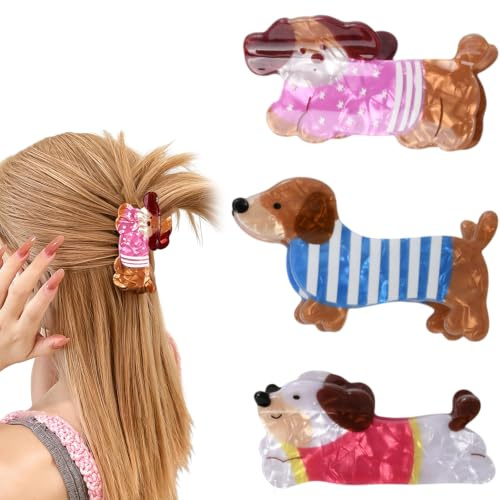 3 Pezzi Mollette Capelli Donna a Forma di Bassotto, Fermaglio Capelli Donna Elegante in PVC, Pinza Capelli Antiscivolo per Ragazze, Accessori Capelli Divertenti e Versatili (Blu, Rosso, Viola)