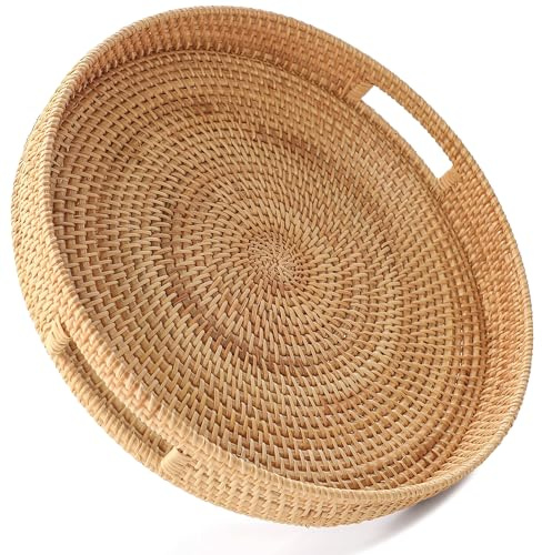 HITOMEN 36 cm handgewebtes rundes Rattan-Serviertablett, dekorative Ottomane, Weidenplatte mit Griffen, für Couchtisch, Frühstück, Getränke, Snacks, Brot, Obst, Gemüse (Natur-L)