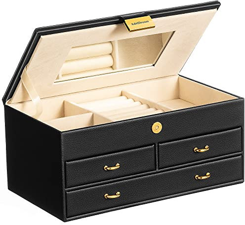 ADEL DREAM Schmuckkästchen, 3-stöckiges Schmuckkästchen mit rotgoldener Schnalle, Schmuckaufbewahrung aus PU-Leder, weicher Samt, Geschenk für Ihre Lieben und Freunde(Nero-11-1)