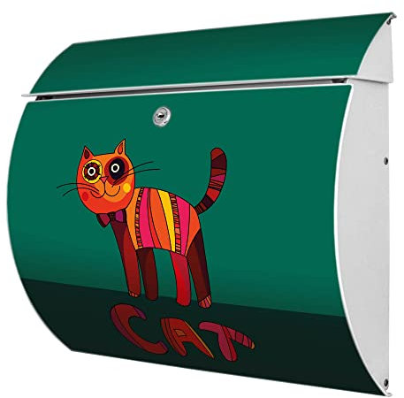 banjado® Burgwächter® Briefkasten weiß aus Stahl mit Motiv Orange Katze/Briefkasten ohne Zeitungsfach/Postkasten mit Kippdach & Öffnungsstopp, 2 Schlüssel