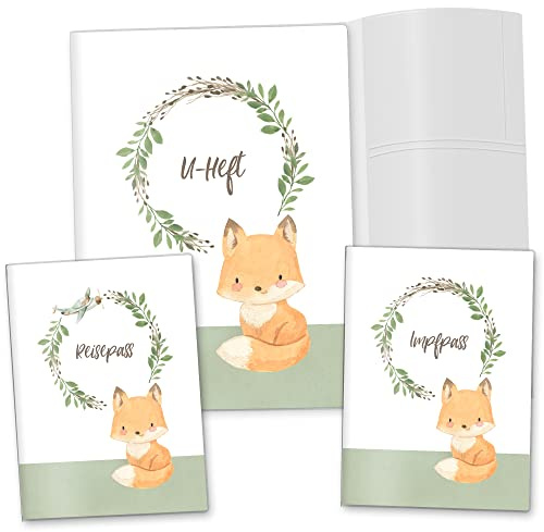 OLGS U-Hefthülle Komplett-Set 3-teilig mit Impfpasshülle & Reisepasshülle | Organizer für Untersuchungsheft, Impfpass, Reiseunterlagen für Babys und Kinder (Ohne Personalisierung, Fuchs)