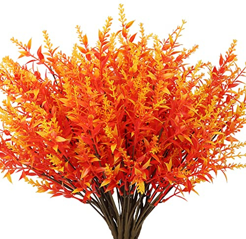 RECUTMS 8Pcs Autumn Artificial Flowers Outdoor Faux Plants UV Resistant | Decorative Artificial Mums Fall Plants Fake Eucalyptus Plant for Indoor Outside Hanging Planter Festival Autumn Decor