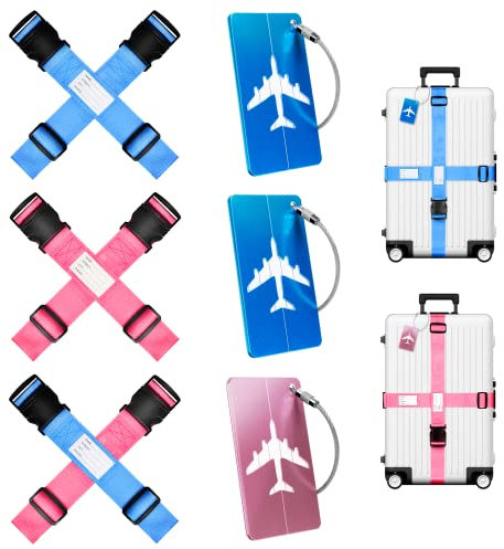6 Stück Koffergurt Mit Adressschild+3 Kofferanhänger Mit Adressschild,Kofferband Gurt,Koffergurte,Kofferbänder Auffällig,Koffer Gurtband,Koffer Gurt,Gepäckgurt,Koffer Band,Kreuzgurt (3 blau + 3 rosa)