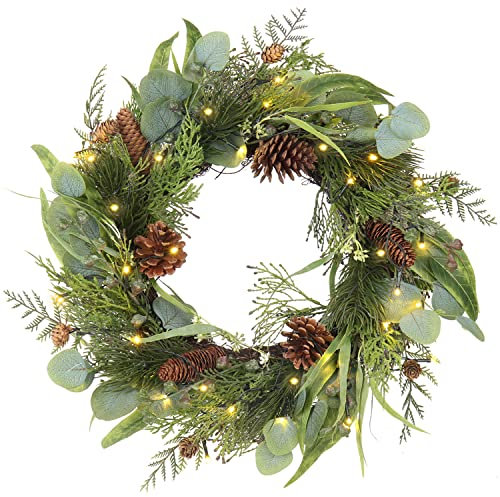 Hollyone Christmas Wreath for Front Door, 45cm/18’’ Xmas Artificial Hanging Wreath Decorations with 30 LED lights, Pine Cones, Eucalyptus Leaves, Pre Lit Ornaments for Wall, Home Decor