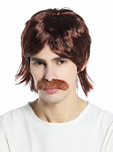 WIG ME UP - CW-016-P33 Perruque carnaval hommes années 70 prolétaire policier mulet moustache brun