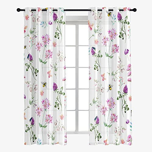 Hiseng Voile Vorhänge mit Ösen, Gardinen Halbtransparent 2er Set, Vorhang Boho Gardinenschals Ösenschal Gardinen Wohnzimmer 3D-Blumendruck Curtains mit Schlaufen (140x244cm,lila Blume)