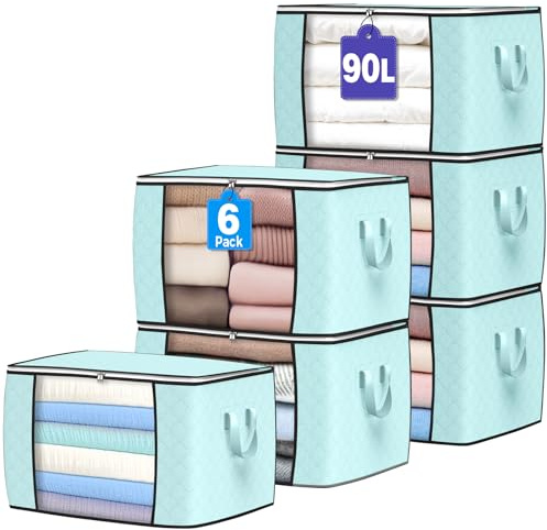Budding Joy 90L Aufbewahrungstasche Groß, Faltbare Unterbett 6 Stück, Blau | Aufbewahrungsbox mit Deckel Große, Kleider Aufbewahrung Umzugskartons, Kleiderschrank für Kleidung Bettdecken und Bettwäsche