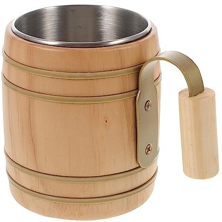 UPKOCH Holzbecher Mit Edelstahl-innenfutter Im Japanischen Stil Trinkbecher Mit Henkel Für Zuhause Restaurant Hotel Und Khaki