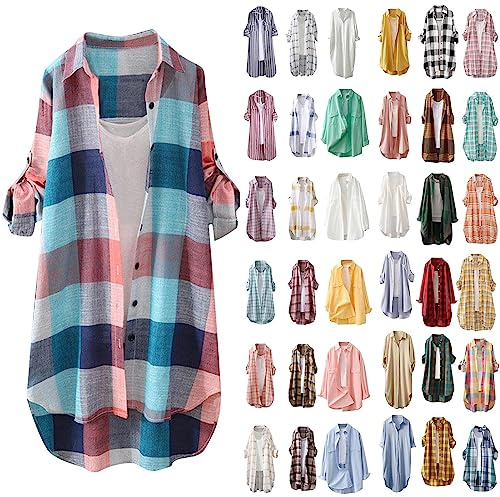 Karierte Bluse Damen Oversize Langarm Shirt Lang Knopfleiste Hemd Lose Frühling Sommershirt Blusenshirt Oberteile Tunika Große Größen Tops T-Shirts & Blusen für Frauen Übergröße Longbluse