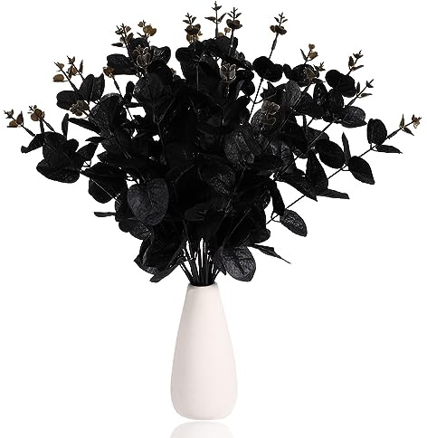 TOYMIS 6 Stück Schwarze Künstliche Eukalyptusstiele, 4 Zweige Schwarzer Eukalyptus Kunstblumen Halloween Pflanzen Schwarze Eukalyptus Dekoration für Hochzeitsstrauß Party Halloween Zuhause