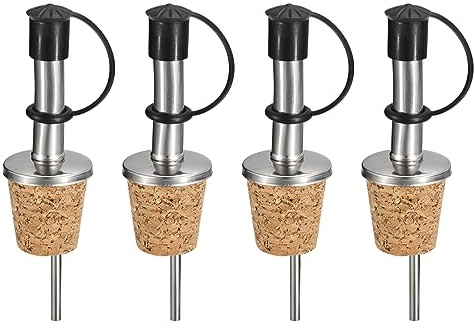 uxcell Stainless Steel Bottle Pourers, 4Pcs Olive Oil Spout with Rubber Dust Caps, Cork Design Wine Bottle Stoppers for Pours Liquid, Olive Oil, Wine, Vinegar