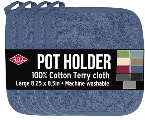 RITZ Terry Potholder & Hot Pad: Unparalleled Heat Resistant, Durable 100% Cotton – Ergonomically Designed for Optimal Grip – Easy-Care Machine Washable – 4-Pack, Federal Blue