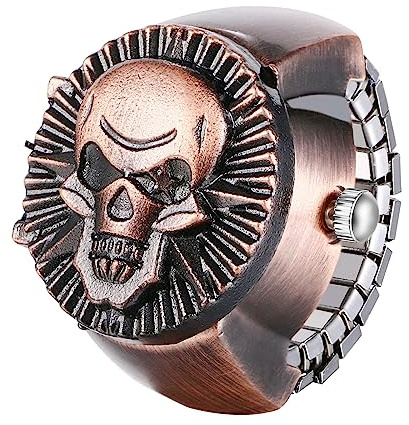 Silverora Ringuhr Totenkopf Fingeruhr Halloween Uhren- Damen Herren Schädel Analoge Quarzuhr Elastisch Edelstahl Ring Uhr Punk Offener Fingerringuhr Uhrenring Geschenke für Männer Frauen Rot