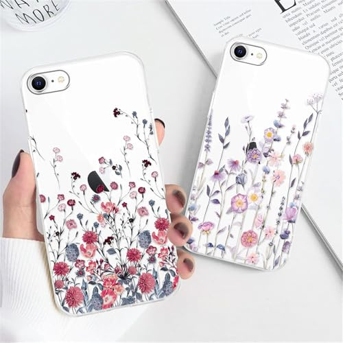 Xylota 2 Stück Handyhülle für iPhone 8/7/SE 2020/SE 2022 4,7 Hülle, Transparent Case mit Aesthetic Muster Blumen, Durchsichtig Weich Silikon Ultra Dünn TPU Stoßfeste Schutzhülle Frauen Mädchen Cover