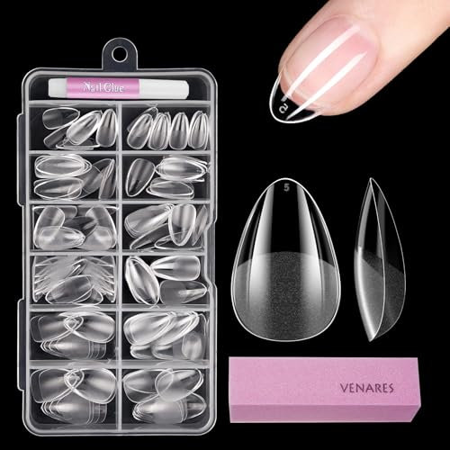 Tip in Gel per Unghie Mandorla Corte, Venares 120 Pezzi Tip Unghie Ricostruzione 12 Taglie Set Unghie Finte con Colla Buffer per Unghie, Gel Tips Unghie Finte Corte Copertura Completa