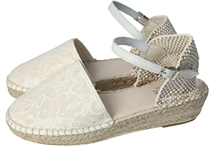 MADE IN SPAIN 223 Alpargatas para COMUNIÓN o Ceremonia de Lona beig Marfil con Flores Hechas en Caravaca de la Cruz, España NIÑA Zapato COMUNIÓN Marfil 36