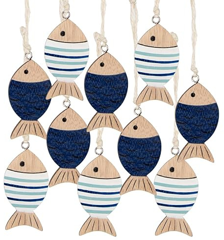Logbuch-Verlag 10 Holzfische Fische Anhänger Kommunion blau Fischernetz Maritime Deko Geschenkanhänger 5,5 cm