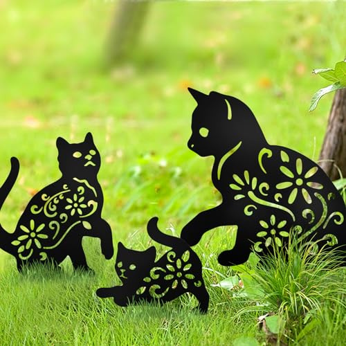MrMrKura Lot de 3 piquets en métal pour décoration de jardin, statue de chat noir pour extérieur, jardin, maison, terrasse, cour (3 chats)