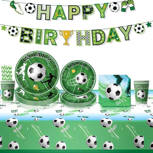 JUNBAOYYDS Football Vaisselle, Enfant Foot Theme Papier Vaisselle, Decoration Anniversaire Football, Decoration Anniversaire, Pour 10 Invités (Vert clair)