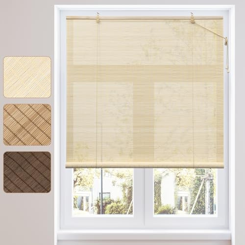 WOLTU Tenda a Rullo in Bambù, Protezione Solare, Protezione della Privacy, Oscurante da Interno a Rullo per Finestra/Porta, Tenda di Ventilazione, Naturale, 90x160 cm