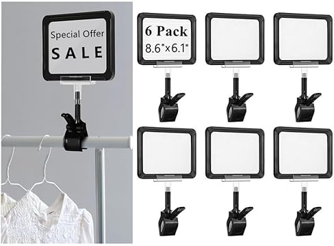 6 supporti per cartelli in plastica con morsetto, clip girevoli per etichette pop, per vendita al dettaglio, per negozi, supermercati (21,8 x 15,5 cm)