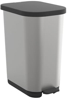 Rotho Ribo Mülleimer mit Deckel und Fußpedal, 25-40 Liter Fassungsvermögen, optimale Ausnutzung des Müllbeutels (Silber)