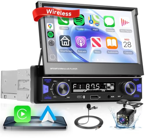 Wireless CarPlay Single DIN Car Stereo Radio, 7 Inch Manual Flip Out Touchscreen with Android Auto, Bluetooth, USB-C/USB, SWC, FM, Mirror Link, Backup Camera Included