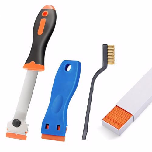 Window Scraper, 2Pcs Glass Scraper and Long Handle Scraper with 50Pcs Plastic Blades and 1Pcs Stainless Steel Brush, Plastic Scraper Tool Non Scratch for Removing Decals Wallpaper Labels Stickers