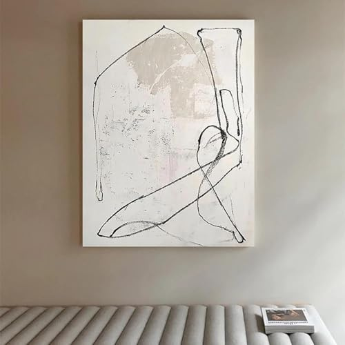 ZHUOYA Großes Ölgemälde auf Leinwand, minimalistische schwarze und weiße Linien, abstraktes Sofa-Hintergrundbild, Wandkunst, Heimdekoration, Wandbild, 70 x 100 cm, rahmenlos