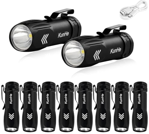 KunHe Lot de 10 Lampes Torches Rechargeables Mini LED, Lampes de Poche Puissantes USB-C en Aluminium avec Clip, 300 Lumens, pour Urgence, Réparation, Promenade, EDC