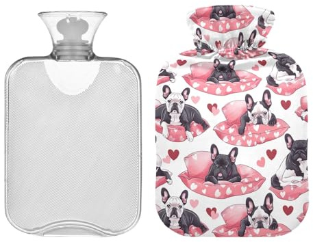 Wärmflasche mit Bezug, niedliche französische Bulldoggen, niedliche Wärmbeutel, Warmwasser-Bettwärmer zur Schmerzlinderung, Hand- und Fußwärmer, 2 Liter