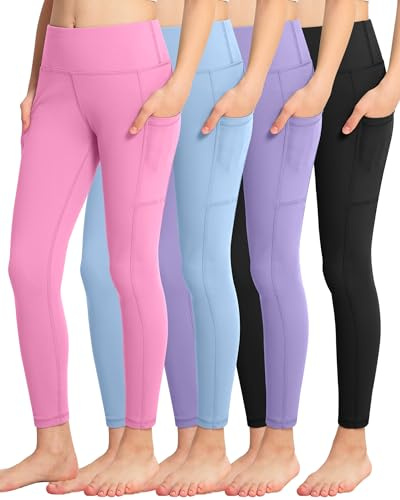 ATHVOTAR Girls Leggings with Pockets: High Waisted Yoga Workout Athletic Dance Running Pants 4 Packs Black/Violet/Pure Blue/Pink XL
