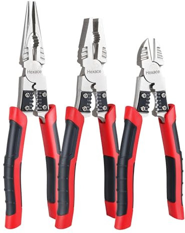 Hexace 3 Pcs Plier Set, Multi-Purpose Plier Set, Includes 8.5 Inch Linemans Pliers, 9 Inch Needle Nose Pliers and 8 Inch Diagonal Side Cutting Pliers