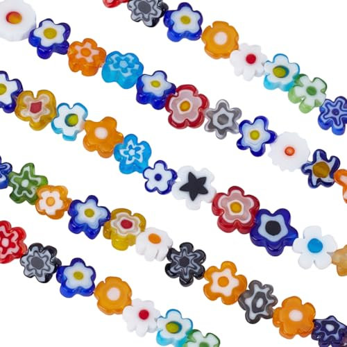 DELORIGIN 280 Pcs Lampwork Glass Beads Assorted Flower Beads Handmade Millefiori Flat Flower Round Loose Bulk Spacer Beads for Jewelry Making DIY Necklace Bracelet Earring Friendship Gift Handcrafts