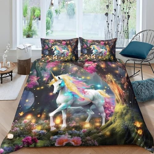Bettwäsche Tierisches Einhorn Bettbezug Set 3 Teilig Bettwaren 3D Druck Weich Microfaser Bettbezüge Mit Reissverschluss Kinderbettwäsche Mit 2 Kissenbezug - Hypoallergene Tagesdecke 230-634S469M078U