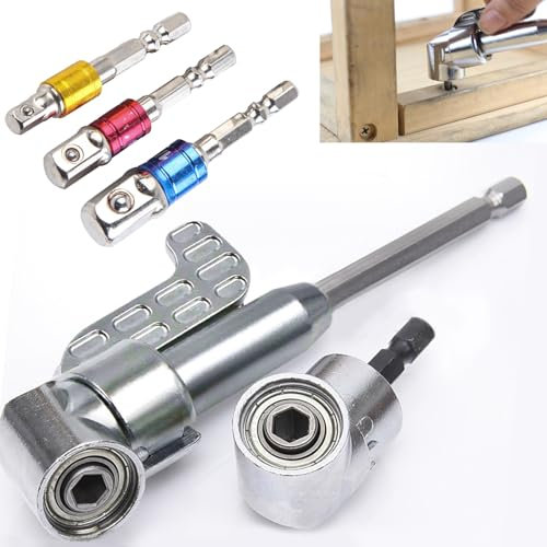 Right Angle Drill Attachment, 90 Degree Drill Adaptor and 105 Degree Right Angle Bit Adapter and 3 Pcs Socket Adaptor(1/4, 3/8, 1/2 inch) for Tight Corner Workspace
