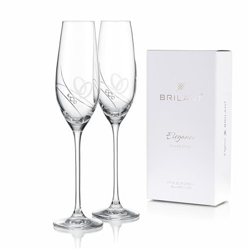 Brilant Gala Bicchieri da champagne con cristalli Swarovski – Anelli incisi, design minimalista – Bicchieri da spumante per matrimonio, set di 2 bicchieri da aperitivo per occasioni speciali