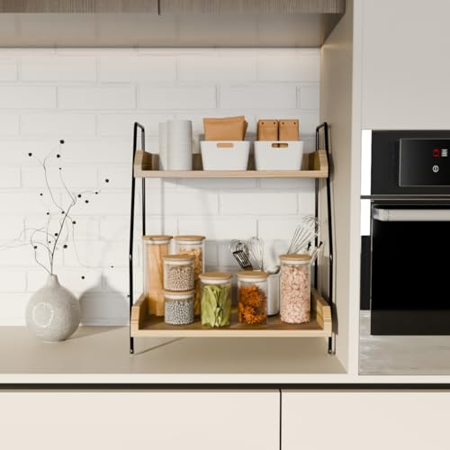PRODEXUS Coffee Station Organizer – 2 Tier Wooden Shelf for Kitchen Counter – Tea & Coffee Bar Stand with Iron Frame – Condiment Rack & Storage for Mugs, Jars & Accessories