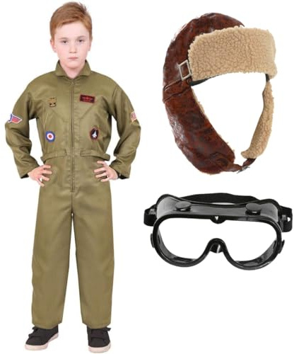 Costume de pilote de l'armée VE Day pour enfant – Grande combinaison verte avec patchs attachés, chapeau d'aviateur marron, lunettes transparentes – Déguisement historique militaire pour garçons et