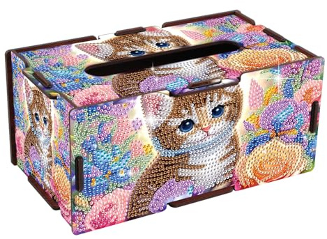 JICFDAO DIY Diamond Painting Taschentücherbox 22.5x12.7x10.5cm Papiertaschentücher Box mit Entnehmbarem Deckel DIY Rechteckige Tücherbox Taschentuchspender aus Holz Handwerk für Heimdekoration Katze